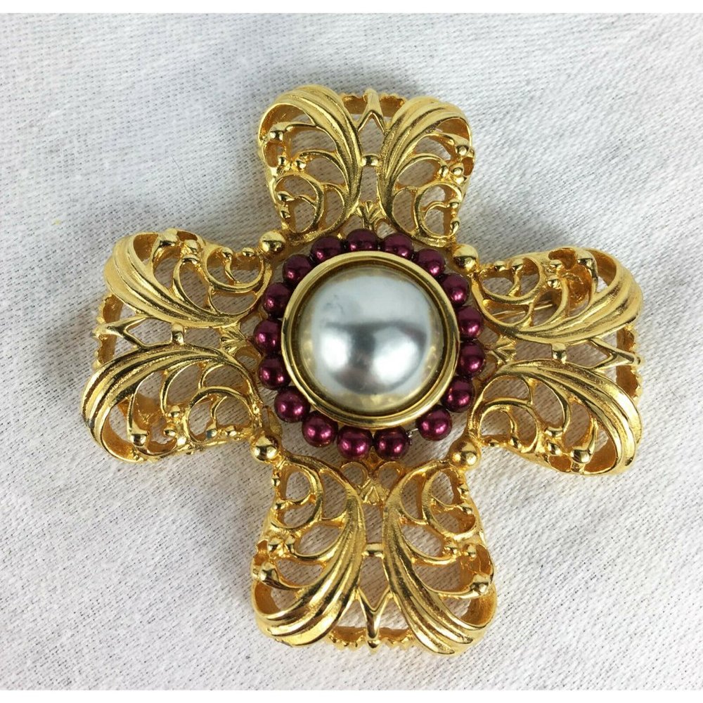 Vintage Napier Baroque Maltese Cross Cabochon Pin Filigree Pearl Gold Red